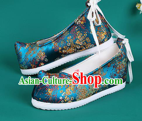 Chinese National Blue Brocade Shoes Traditional Hanfu Shoes Princess Shoes Opera Shoes for Women