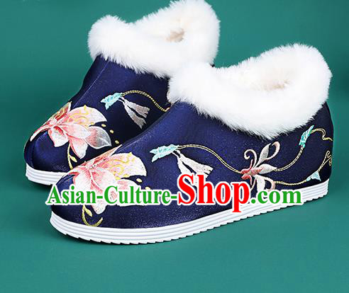 Chinese Traditional Winter Embroidered Peony Royalblue Ankle Boots Hanfu Shoes Cloth Boots for Women