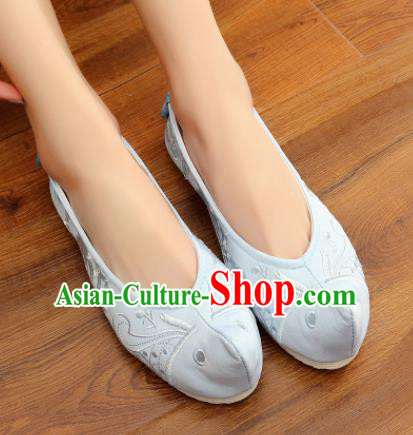 Traditional Chinese National Embroidery Blue Shoes Embroidered Shoes Hanfu Shoes for Women