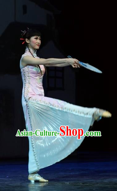 Chinese Impression of Suzhou Classical Dance Pink Dress Stage Performance Costume and Headpiece for Women