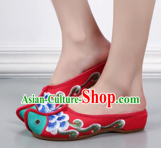 Traditional Chinese Fish Head Red Shoes Embroidered Shoes Cloth Shoes for Women