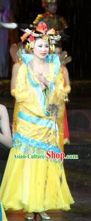 Chinese Impression of Suzhou Classical Dance Yellow Dress Stage Performance Costume and Headpiece for Women
