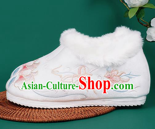 Chinese Traditional Winter Embroidered White Ankle Boots Hanfu Shoes Cloth Boots for Women