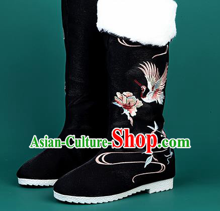 Chinese Traditional Embroidered Crane Black High Boots Hanfu Shoes Cloth Boots for Women
