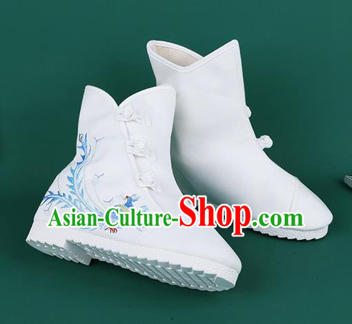 Handmade Chinese Traditional Embroidered Phoenix White Boots Hanfu Shoes Cloth Boots for Women