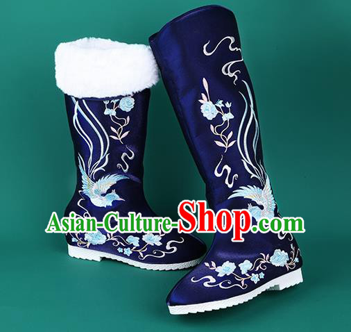 Handmade Chinese Cloth Boots Traditional Embroidered Phoenix Royalblue Boots Hanfu Shoes for Women