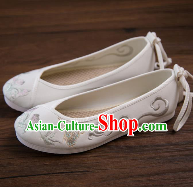 Traditional Chinese Handmade Hanfu Shoes Embroidered Butterfly Orchid White Shoes Cloth Shoes for Women