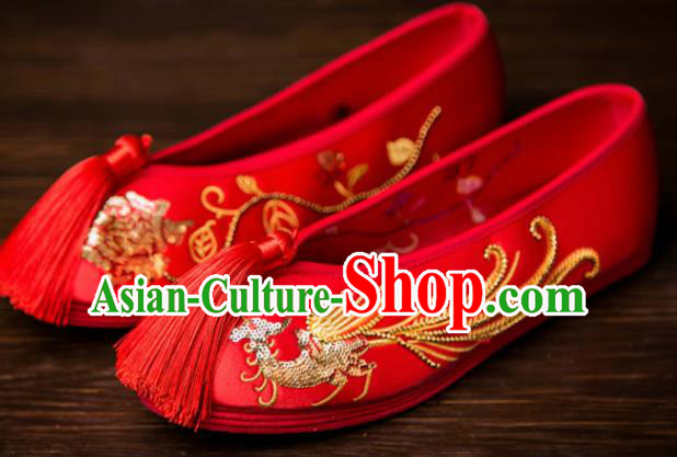Traditional Chinese Handmade Wedding Red Satin Shoes Hanfu Shoes Embroidered Shoes for Women