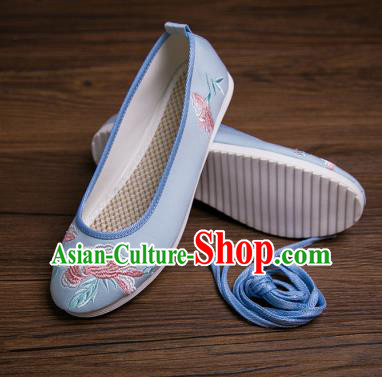 Traditional Chinese Handmade Hanfu Shoes Blue Embroidered Shoes Cloth Shoes for Women