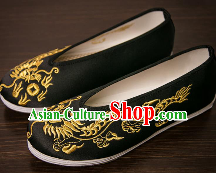 Handmade Chinese Bridegroom Embroidered Dragon Black Shoes Traditional Kung Fu Shoes Hanfu Shoes for Men
