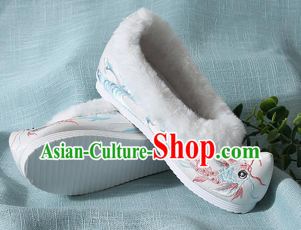 Traditional Chinese Handmade Embroidered Goldfish White Shoes Wedding Shoes Hanfu Shoes Princess Shoes for Women