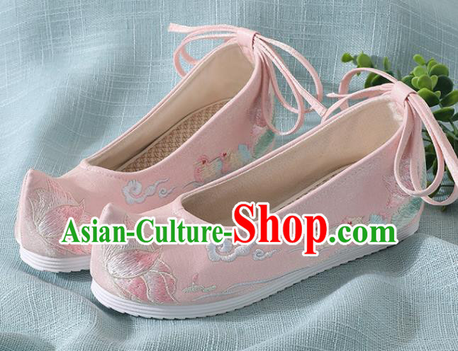 Chinese Handmade Embroidered Mandarin Duck Lotus Pink Shoes Traditional Ming Dynasty Hanfu Shoes Princess Shoes for Women