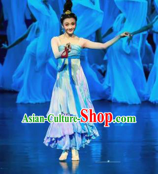 Chinese Chuansi Gongzhu Classical Dance Blue Dress Stage Performance Dance Costume and Headpiece for Women