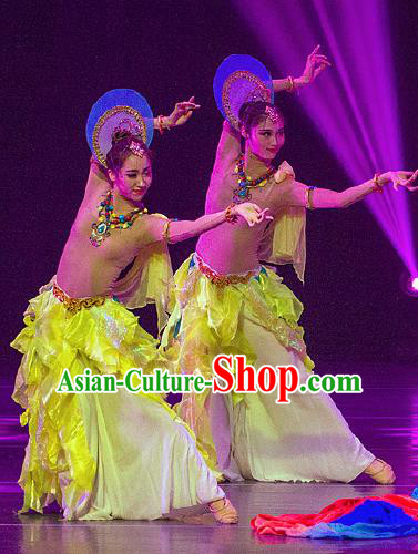 Dance Between Heaven and Earth Chinese Classical Dance Yellow Dress Stage Performance Dance Costume and Headpiece for Women