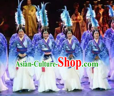 Chinese King Zhuang of Chu Ancient Spring and Autumn Period Blue Dress Stage Performance Dance Costume and Headpiece for Women