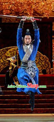 Lady Zhaojun Chinese Han Dynasty Swordsman Blue Clothing Stage Performance Dance Costume for Men
