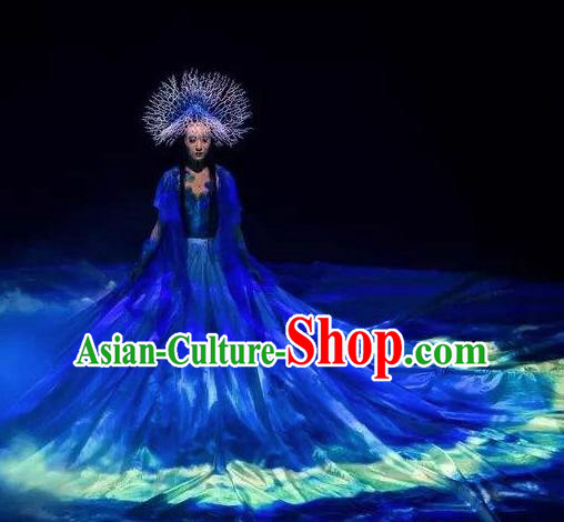 Chinese Pingtan Impression Classical Dance Blue Dress Stage Performance Dance Costume and Headpiece for Women