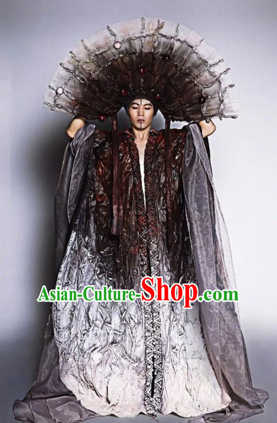Chinese Pingtan Impression Classical Dance Clothing Stage Performance Dance Costume and Headdress for Men