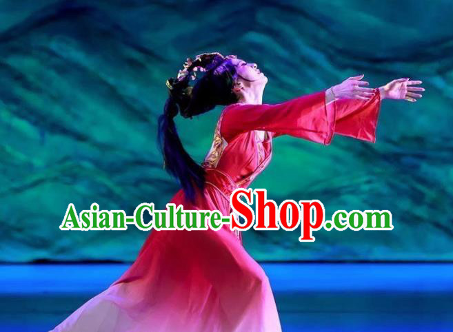 Chinese Lady Zhaojun Ancient Classical Dance Rosy Dress Stage Performance Dance Costume and Headpiece for Women