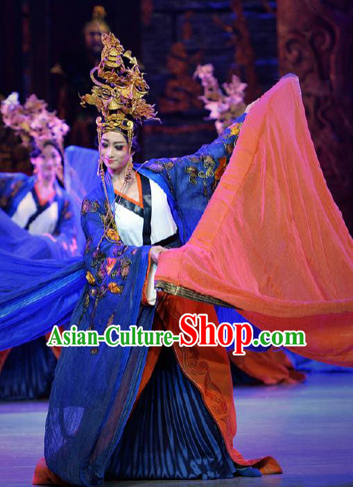 Chinese Lady Zhaojun Ancient Imperial Consort Dance Blue Dress Stage Performance Dance Costume and Headpiece for Women