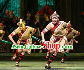 Impression Shanha Chinese She Nationality Folk Dance Khaki Dress Stage Performance Dance Costume and Headpiece for Women