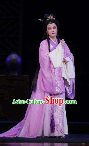 Chinese Shaoxing Opera Bronze Swallow Terrace Zhen Luo Purple Dress Stage Performance Dance Costume and Headpiece for Women