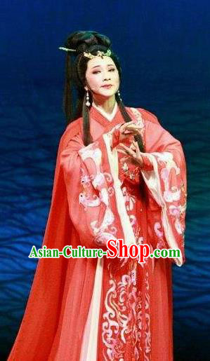 Chinese Shaoxing Opera Bronze Swallow Terrace Zhen Luo Red Dress Stage Performance Dance Costume and Headpiece for Women