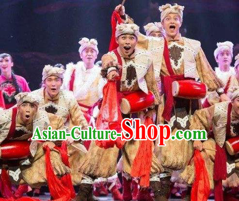 Drama Lan Huahua Chinese Folk Dance Drum Dance Clothing Stage Performance Dance Costume and Headpiece for Men