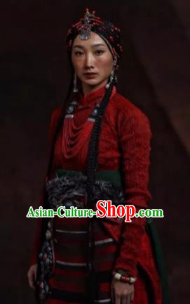 The Heavenly Road Chinese Zang Nationality Folk Dance Red Dress Stage Performance Dance Costume and Headpiece for Women
