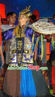 Mu Lan Qiu Xian Ceremony Chinese Mongol Nationality Dance Clothing Stage Performance Dance Costume and Headpiece for Men