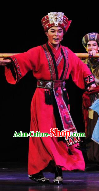 Drama Qian Yun Cliff Chinese Zhuang Nationality Bridegroom Red Clothing Stage Performance Dance Costume and Headpiece for Men