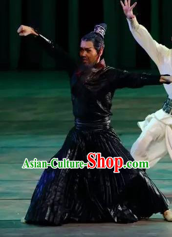 Drama Chinese Orphan Chinese Ancient Swordsman Black Clothing Stage Performance Dance Costume and Headpiece for Men