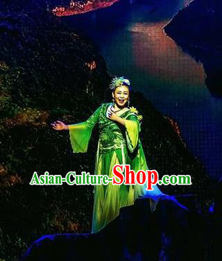 Hometown of Dragon Boat Tune Chinese Classical Dance Green Dress Stage Performance Dance Costume and Headpiece for Women