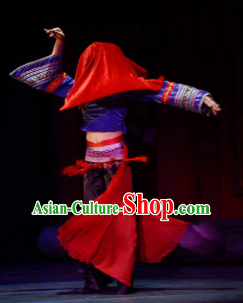 Gucuo Marriage Chinese Folk Dance Blue Dress Stage Performance Dance Costume and Headpiece for Women