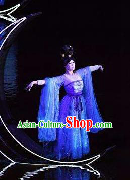 Return To the Three Gorges Chinese Classical Dance Blue Dress Stage Performance Costume and Headpiece for Women