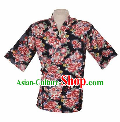 Traditional Japanese Printing Peony Black Yamato Shirt Kimono Asian Japan Costume for Men
