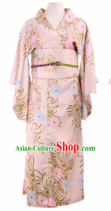 Traditional Japanese Printing Chrysanthemum Pink Kimono Asian Japan Yukata Dress for Women