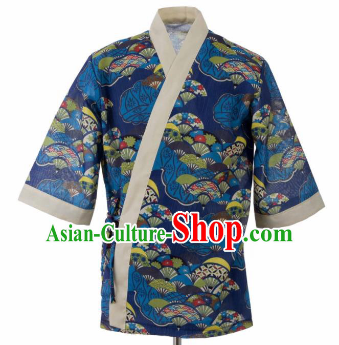 Traditional Japanese Printing Fans Navy Yamato Shirt Kimono Asian Japan Costume for Men