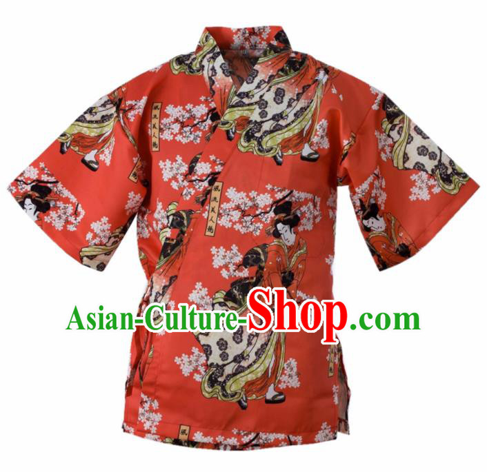 Traditional Japanese Printing Beauty Red Yamato Shirt Kimono Asian Japan Costume for Men