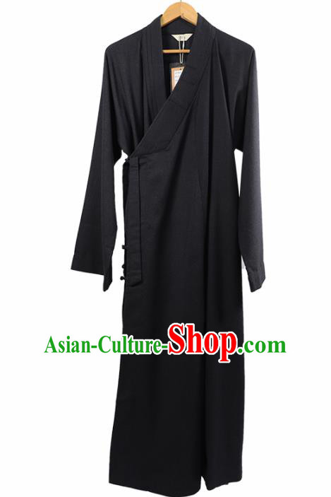 Traditional Chinese Monk Costume Winter Navy Woolen Long Gown for Men