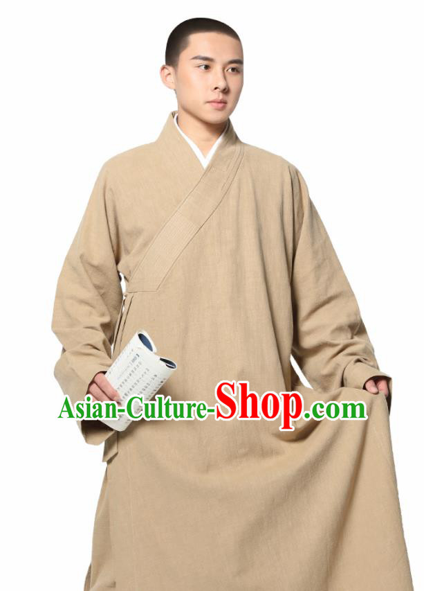 Traditional Chinese Monk Costume Khaki Ramie Long Gown for Men