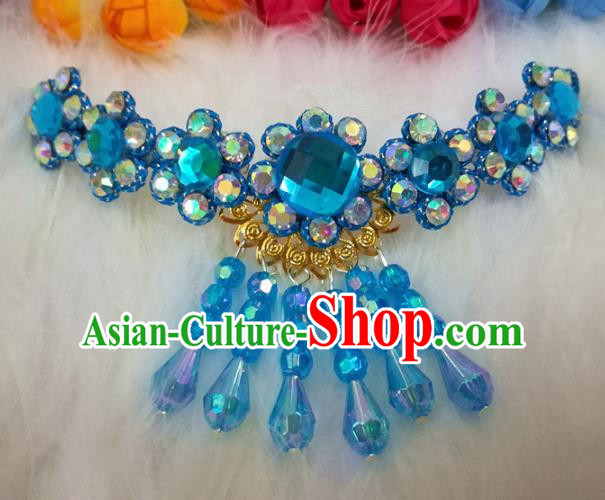Chinese Traditional Beijing Opera Hair Accessories Peking Opera Diva Blue Crystal Frontlet Hairpins for Adults
