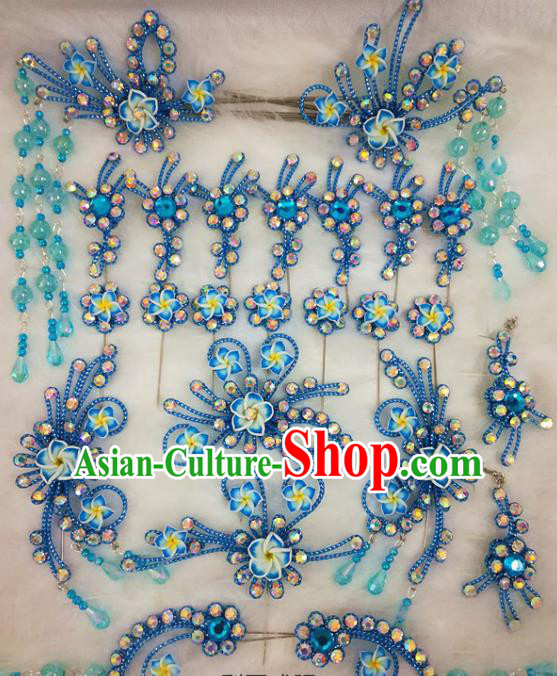 Chinese Traditional Beijing Opera Hair Accessories Peking Opera Blue Flower Hairpins Complete Set for Adults