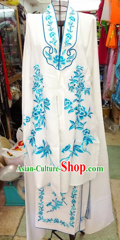 Chinese Traditional Beijing Opera Tsingyi Costume Peking Opera Actress Embroidered Peony White Dress for Adults