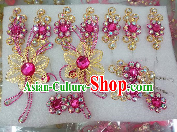 Chinese Traditional Beijing Opera Actress Crystal Rosy Hairpins Hair Accessories for Adults