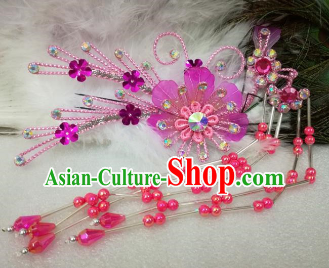 Chinese Traditional Beijing Opera Actress Rosy Flower Hairpins Hair Accessories for Adults