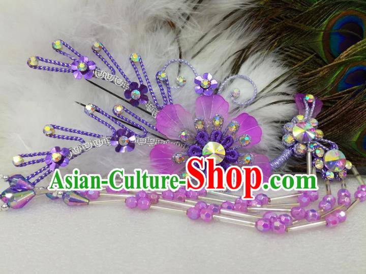 Chinese Traditional Beijing Opera Actress Purple Flower Hairpins Hair Accessories for Adults