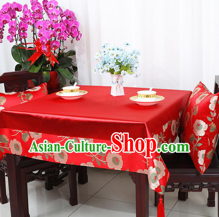 Chinese Traditional Peony Pattern Red Brocade Table Cloth Classical Satin Household Ornament Desk Cover
