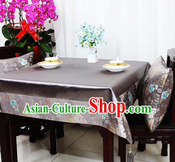 Chinese Traditional Chrysanthemum Pattern Grey Brocade Table Cloth Classical Satin Household Ornament Desk Cover