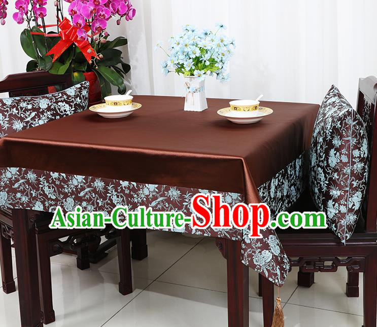 Chinese Traditional Peony Birds Pattern Brown Brocade Table Cloth Classical Satin Household Ornament Desk Cover
